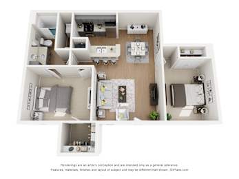 A 3D floor plan of a house with a kitchen, living room, and two bedrooms.