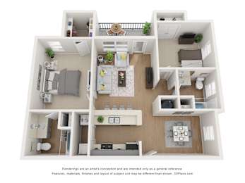 A 3D floor plan of a house with a kitchen, living room, and bedrooms.