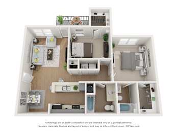 A 3D floor plan of a house with a kitchen, living room, and bathroom.