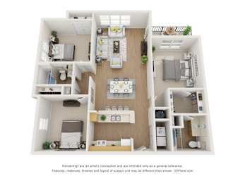A 3D floor plan of a house with a kitchen, living room, and two bedrooms.