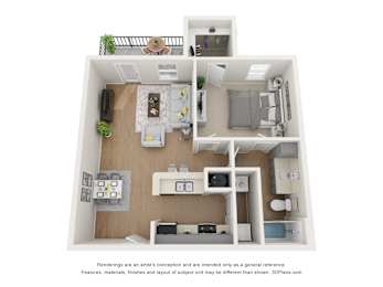 A 3D floor plan of a small apartment with a kitchen, living room, and bathroom.