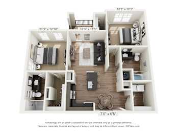A 3D floor plan of a house with a living room, kitchen, and two bedrooms.