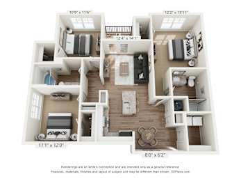 A 3D floor plan of a house with labeled dimensions.