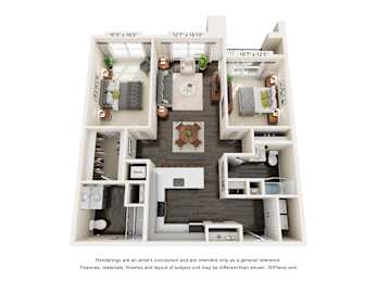 A 3D floor plan of a house with a living room, kitchen, and two bedrooms.