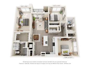 A 3D floor plan of a small apartment with a kitchen, living room, and two bedrooms.