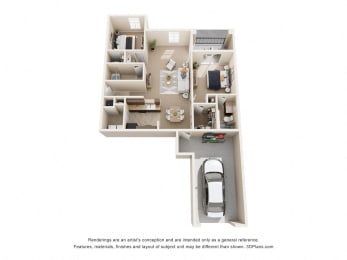 a floor plan of a town house with a car in the garage