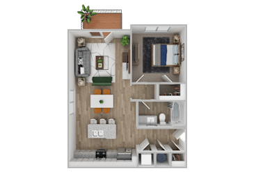 A top-down view of a small apartment with a kitchen, living room, and bathroom.