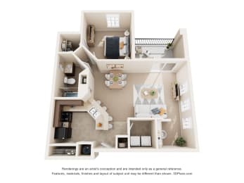 a stylized floor plan with a bedroom and living room