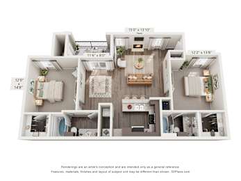 A 3D floor plan of a house with three bedrooms, a living room, and a kitchen.