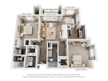 A 3D floor plan of a house with a living room, kitchen, and two bedrooms.