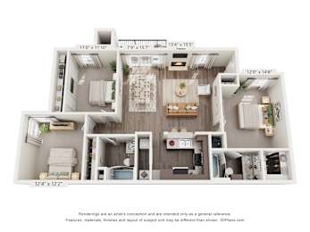 A 3D floor plan of a house with a living room, kitchen, and two bedrooms.