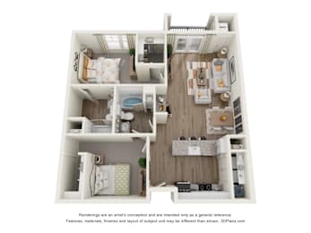 A 3D floor plan of a small apartment with a kitchen, living room, and bedrooms.