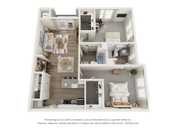 A 3D floor plan of a two-story apartment with a living room, kitchen, dining room, and bedrooms.