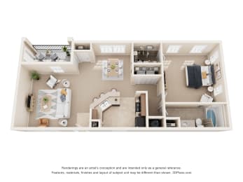 a stylized floor plan with a bedroom and a living room