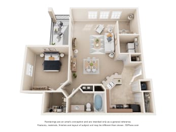a stylized floor plan with a bedroom and a living room
