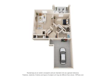 a stylized floor plan with a car in the garage
