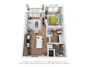A 3D floor plan of a small apartment with a kitchen, living room, and bathroom.