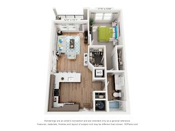 A 3D floor plan of a small apartment with a kitchen, living room, and bedroom.