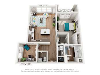 A 3D floor plan of a small apartment with a kitchen, living room, and bedroom.