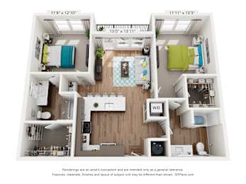 A 3D floor plan of a small apartment with a kitchen, living room, and bedroom.