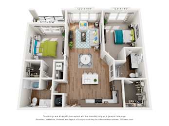 A 3D floor plan of a small apartment with a kitchen, living room, and bedroom.