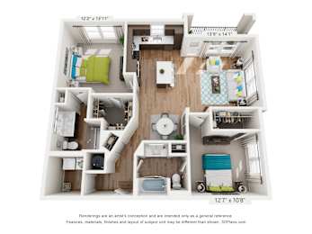 A 3D floor plan of a small apartment with a kitchen, living room, and bathroom.