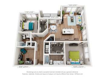 A 3D floor plan of a small apartment with a kitchen, living room, and two bedrooms.
