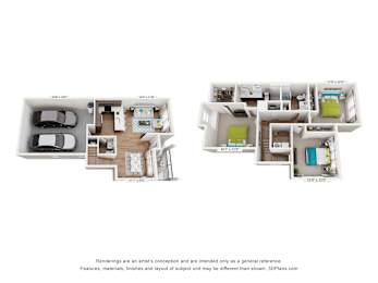A 3D floor plan of a two bedroom apartment.