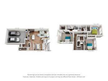A 3D floor plan of a house with two bedrooms, a living room, a kitchen, and a bathroom.