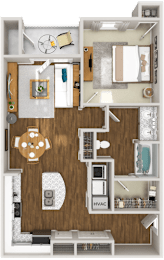 A floor plan of a house with a kitchen, living room, and bathroom.