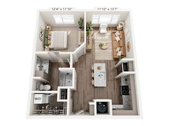 A floor plan of a small apartment with a living room, kitchen, and bathroom.