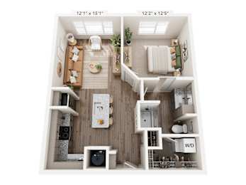 A floor plan of a small apartment with a kitchen, living room, and bedroom.