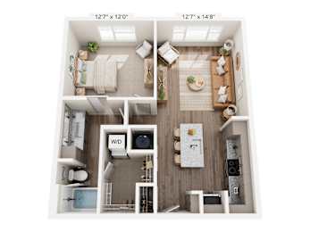 A floor plan of a small apartment with a kitchen, living room, and bathroom.