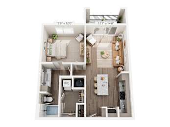 A floor plan of a small apartment with a kitchen, living room, and bathroom.