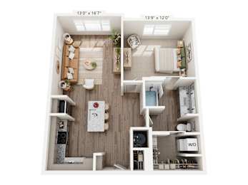 A floor plan of a small apartment with a kitchen, living room, and bathroom.