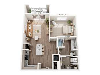 A floor plan of a small apartment with a kitchen, living room, and bathroom.