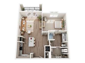 A floor plan of a small apartment with a kitchen, living room, and bathroom.