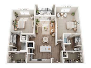 A floor plan of a two-bedroom apartment with a living room, kitchen, and two bathrooms.