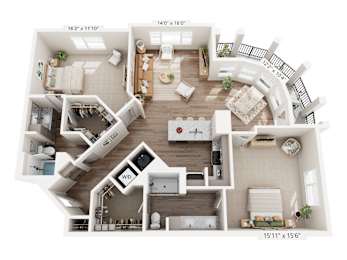 A detailed 3D floor plan of a two-story house with labeled rooms and dimensions.