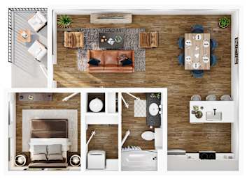 A top-down view of a living room, kitchen, and dining area.
