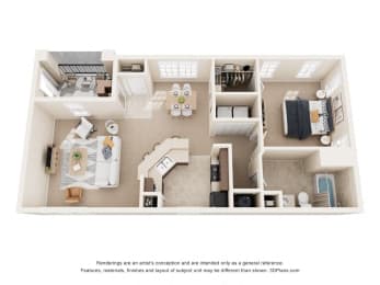 a stylized floor plan with a bedroom and a living room