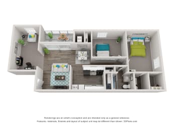 a stylized floor plan of a 1 bedroom310 sq ft house