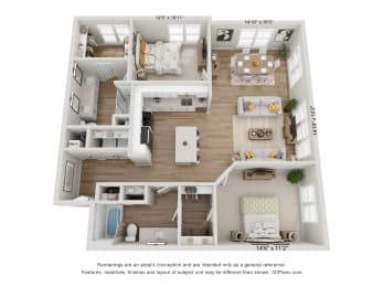 a 3d floor plan of a 3 bedroom apartment