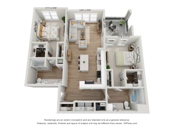 a 3d floor plan of a 3 bedroom apartment