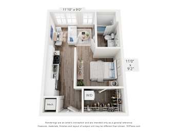 A floor plan of a small apartment with a kitchen, living room, and bathroom.