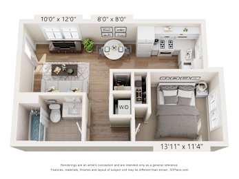 A 13x11 room with a bed, a couch, a table, and a kitchenette.