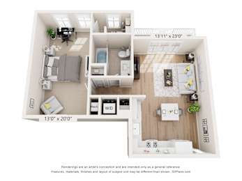A 3D floor plan of a small apartment with a kitchen, living room, and bathroom.