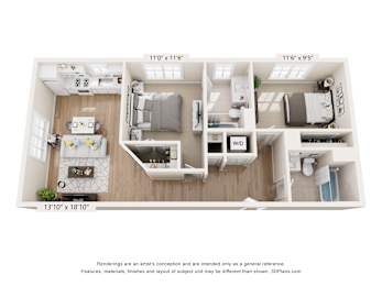 A 3D floor plan of a small apartment with a kitchen, living room, and bedroom.