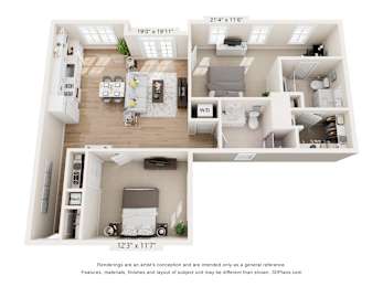 A 3D floor plan of a small apartment with a kitchen, living room, and bedroom.