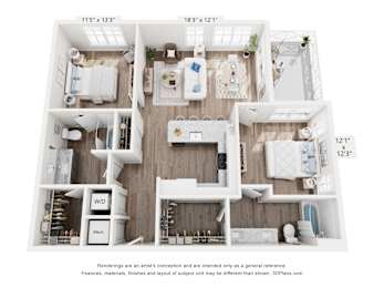 A 3D floor plan of a small apartment with a kitchen, living room, and bathroom.